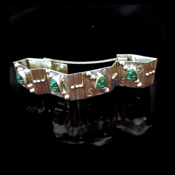 Vintage Solid 925 Sterling Silver Iguala Signed Mexico Bracelet Malachite - Picture 2 of 7